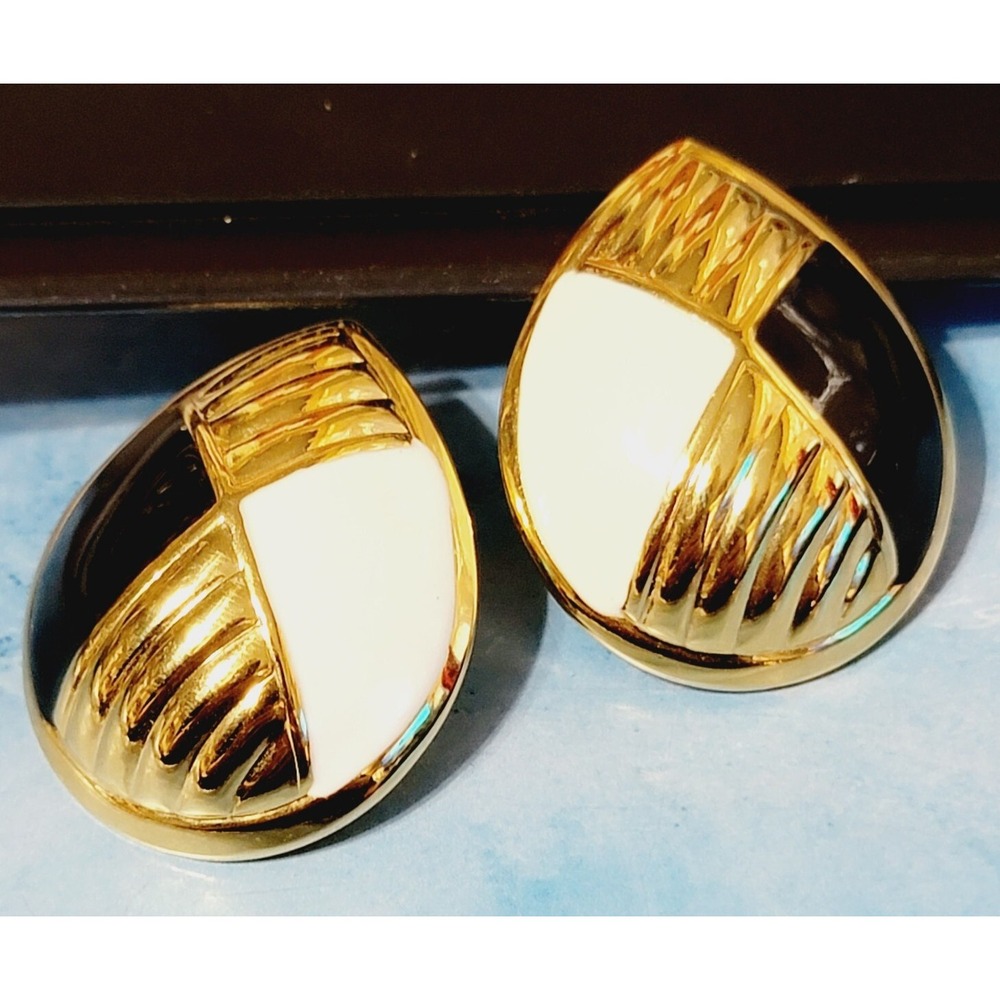 Vintage Large Black & White Pierced Earrings- 1980s Enameled Statement Earrings